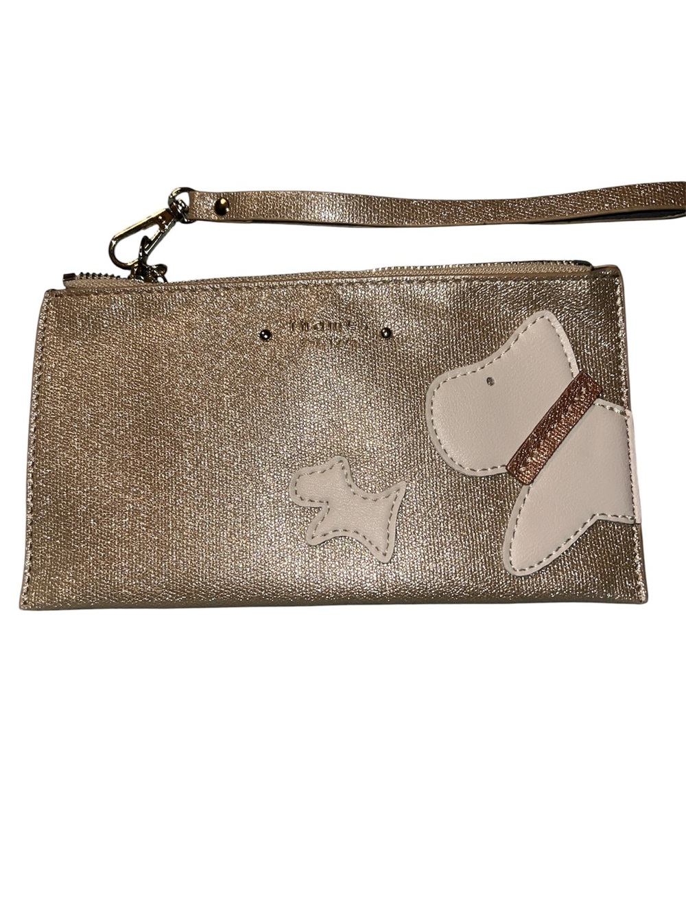 Thames Gold Metallic Wristlet Clutch with Dog Appliqué